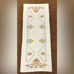 Mid Century Vintage Colorful Embroidered Cotton Linen Table Runner